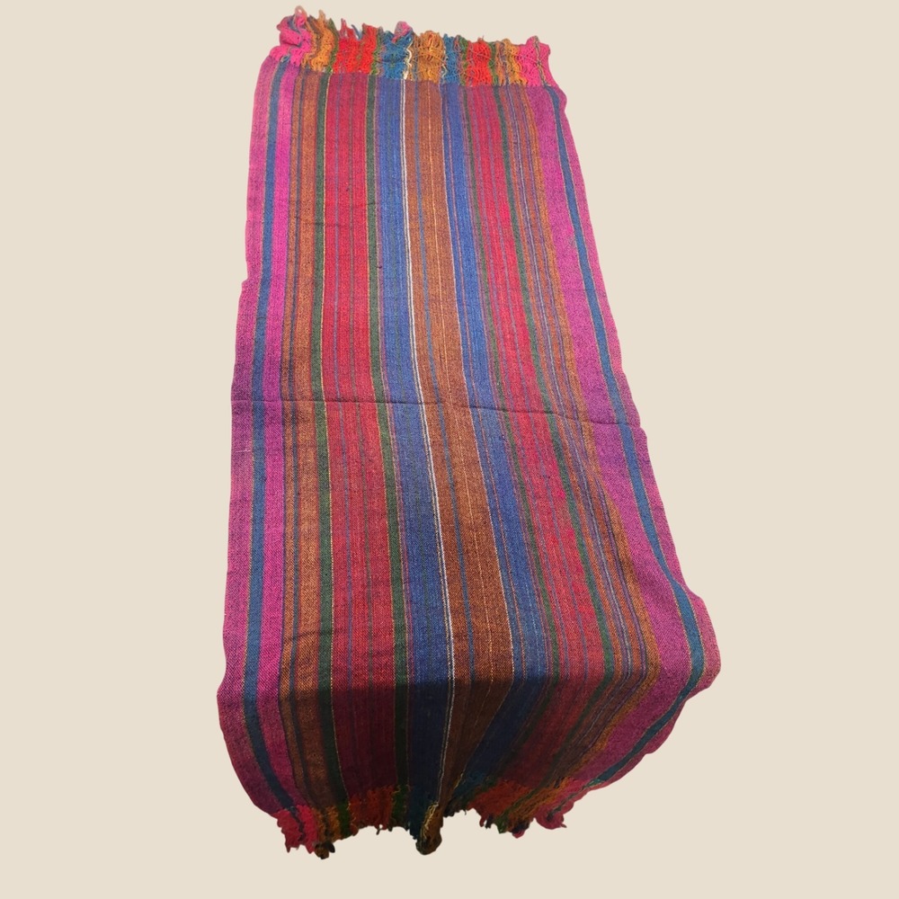 Vintage Handwoven Multi Color Striped Fringed Textile Runner Boho Folk Art
